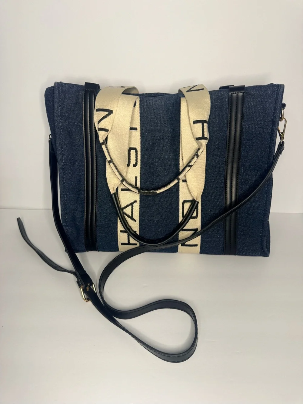 Halston Heritage Navy Canvas Tote with Cream Branded Straps